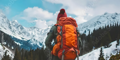 Aventureiro com mochila observando paisagem de montanha
