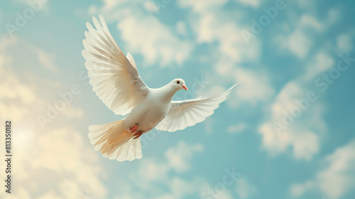 Sky Funeral Background with White Dove, Peaceful Ceremony in Nature, Memorial Service Concept, Generative Ai