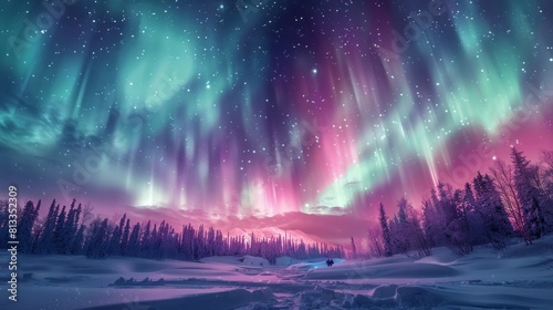 A beautiful aurora borealis is seen in the sky above a snowy landscape