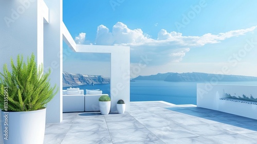 White architecture in Santorini island, Greece. Beautiful terrace with sea view