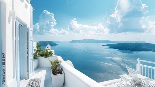 White architecture in Santorini island, Greece. Beautiful terrace with sea view