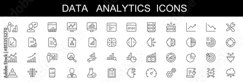 Data Analytics line icons set . vector illustration . white background . editable stroke . database, big data, artificial intelligence, monitoring, traffic, hosting, service, optimization, backup, 