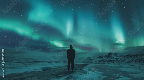 A man stands in the snow, looking up at the sky