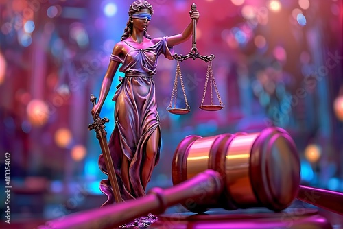 the concept of justice, a classical statue of Lady Justice with balanced scales and a sword, situated next to a wooden judge's gavel.