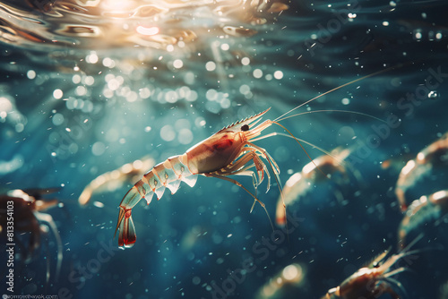 Underwater closeup of a freshwater shrimp with claws and antennae
