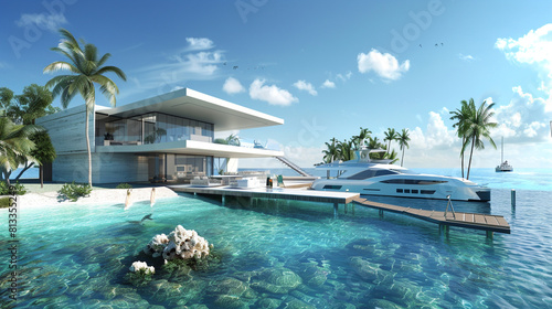 A luxurious cubic house on a private island, with seamless indoor-outdoor flow and a dock for yachts.