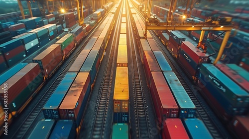 Global business of Container Cargo freight train for logistic import export, Business logistics concept , Air cargo trucking , rail transportation , maritime shipping , On-time delivery