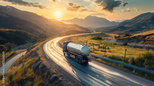 Silver tank truck transporting fuel on a beautiful winding road, sunlit and surrounded by stunning scenery