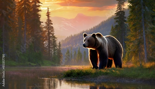 a bear in the middle of the forest with beautiful sunlight