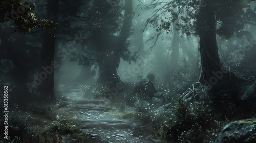 The dark and mysterious forest path leads you deeper into the unknown. The trees are tall and the branches are thick, blocking out the sunlight.