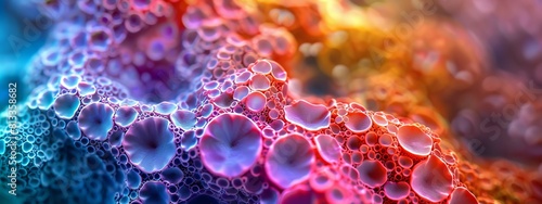 Microscopic view of cellular structures with vibrant colors.
