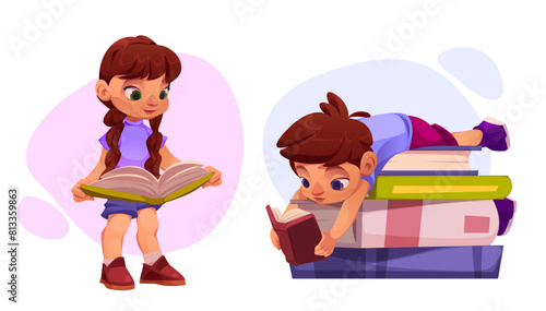 Smart kids reading books set isolated on white background. Vector cartoon illustration of cute boy lying on pile of textbooks, little girl enjoying fairy tale, school education, library leisure