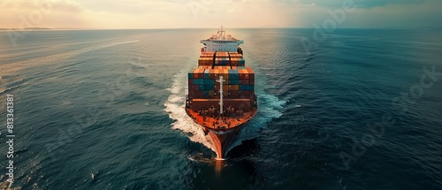 A drones view of a container ship navigating through the open sea, illustrating the scale and complexity of international freight transportation 8K , high-resolution, ultra HD,up32K HD