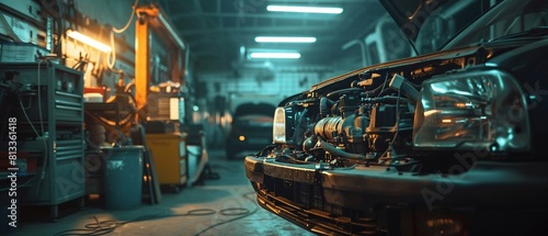 A skilled auto mechanic is hard at work under the hood, surrounded by a workshop brimming with tools and parts, committed to achieving peak vehicle performance 8K , high-resolution, ultra HD,up32K HD