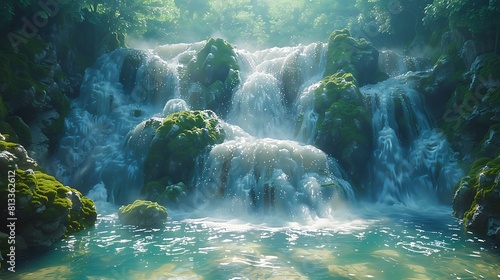 Surrender to the sublime beauty of a cascading waterfall, where crystal-clear waters tumble over moss-covered rocks, creating a symphony of sound and motion.