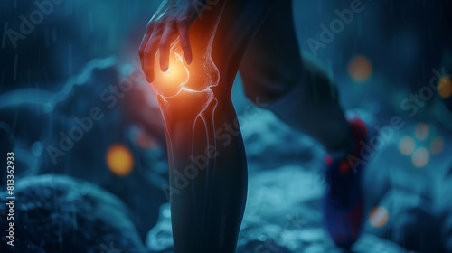 Runner with knee pain, showing highlighted joints. Concept: Joint Pain. 