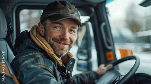 Happy truck driver entering in vehicle cabin and looking at camera,