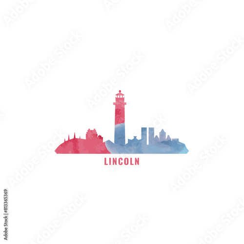 UK Lincoln watercolor cityscape skyline city panorama vector flat modern logo, icon. United Kingdom, England emblem concept with landmarks and building silhouettes. Isolated colorful graphic