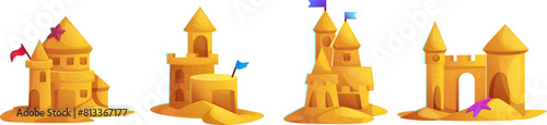 Sand castle on summer sea beach cartoon vector. Cute sandcastle isolated game icon for vacation activity. Travel sculpture with flag and starfish clipart set. Creative child palace build graphic