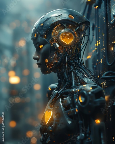 A scifi depiction of a cyborg with a golden heart against a hightech digital wall