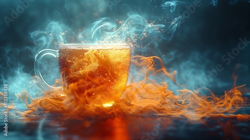 Zoom in on the swirling patterns of steam rising from a cup of hot tea, curling and twisting in the air before dissipating into the surrounding space.