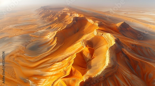 Zoom in on the swirling patterns of sand being sculpted by the wind in a vast desert landscape, creating intricate shapes and textures that blur and blend together in the shifting sands.