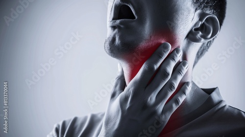 A man clutching his throat in visible pain, highlighted with red, representing physical discomfort. Concept: health issue.