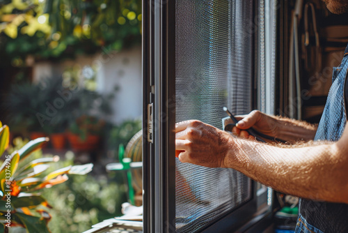 An elderly man carefully installs a new screen in a window, illuminated by natural sunlight with a lush garden background.