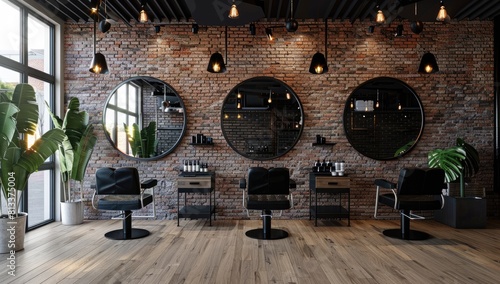 An interior view of a elegant and luxury barbershop, beauty saloon, beauty parlor, massage center illuminated with modern lights