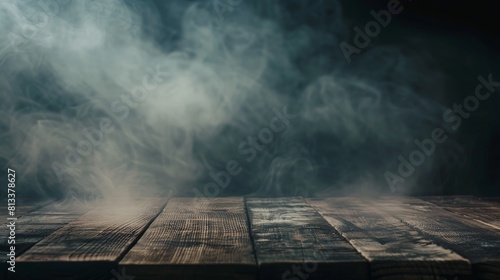 Fog In Darkness - Smoke And Fog On Wooden Table - Halloween Background. generative ai