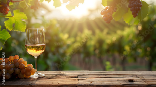A serene vineyard scene at sunset featuring a glass of white wine and a bunch of ripe grapes on a weathered wooden table, symbolizing the rich tradition of wine tasting