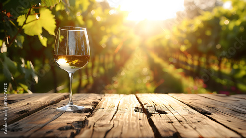 Capture the serene beauty of a vineyard at sunset with a glass of white wine and a cluster of ripe grapes on an old wooden table, reflecting a perfect wine country experience copy space
