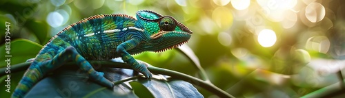 Chameleon, patterned skin, master of disguise, blending into a lush jungle environment, realistic, sunlight, depth of field bokeh effect