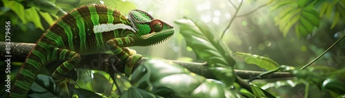 Chameleon, patterned skin, master of disguise, blending into a lush jungle environment, realistic, sunlight, depth of field bokeh effect