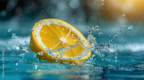 A bright yellow lemon slice splashing into a pool, highlighting a refreshing summer vibe