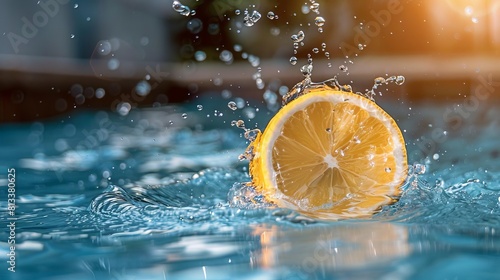 A bright yellow lemon slice splashing into a pool, highlighting a refreshing summer vibe