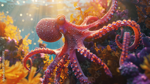 Octopus, color-changing abilities, expert at mimicking its surroundings, navigating a vibrant coral reef, photography, backlighting, lens flare
