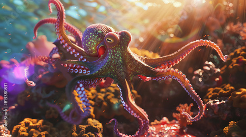 Octopus, color-changing abilities, expert at mimicking its surroundings, navigating a vibrant coral reef, photography, backlighting, lens flare