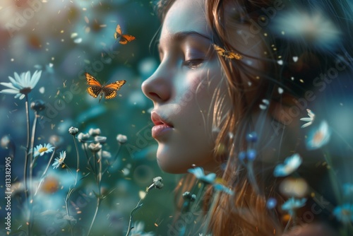 A magical garden scene with fluttering butterflies and blooming flowers. A beautiful girl is depicted in the background. The image radiates with vibrant colors, creating a whimsical