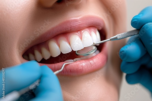 The dentist carefully examines the patient's snow-white teeth, ensuring optimal oral health and hygiene