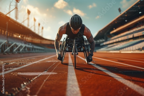 A young athlete in a wheelchair competing in a track event
