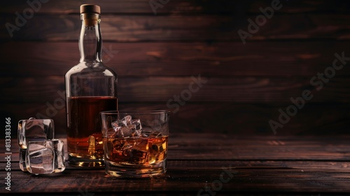 Luxury life on glass of whisky with ice and bottle on wooden table on dark background. generative ai