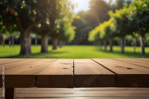 Empty wooden table in a coffee tree farm with a sunny, blur garden background with a country outdoor theme. Generative AI 
