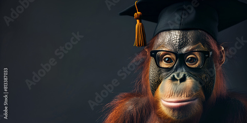 Orangutans monkey with graduation cap with blur background