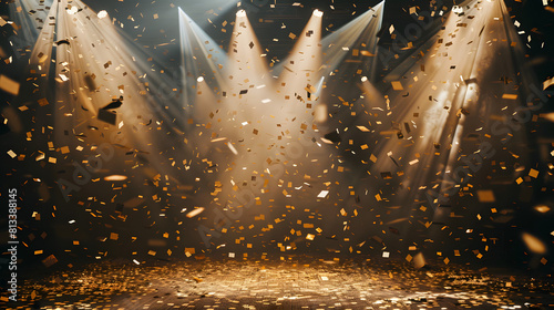 Festive scene with golden confetti showering down on a stage under bright spotlights, creating a celebratory and glamorous atmosphere.