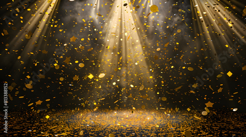 Festive scene with golden confetti falling under bright spotlights with a smoky background, creating a celebratory and glamorous atmosphere.
