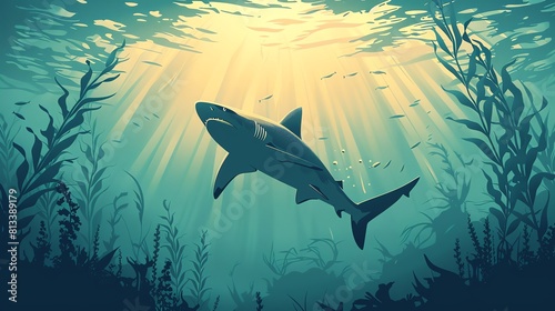 Lone shark prowling through a sunlit underwater kelp forest
