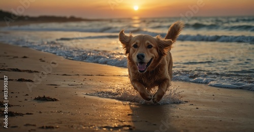 Detailed shot Enchanting sunset beach scene with a golden retriever running energetically towards the camera