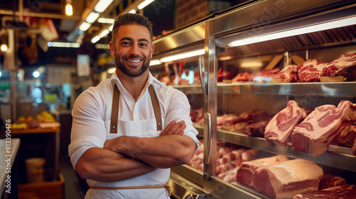 Friendly butcher stands confidently at meat counter, arms crossed, flashing warm smile. Dressed in pristine white apron, exuding professionalism. Display case showcases succulent raw steaks
