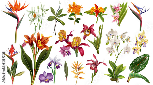 Set of rare and exotic flowers including orchids, passion flowers, and bird of paradise, isolated on transparent background
